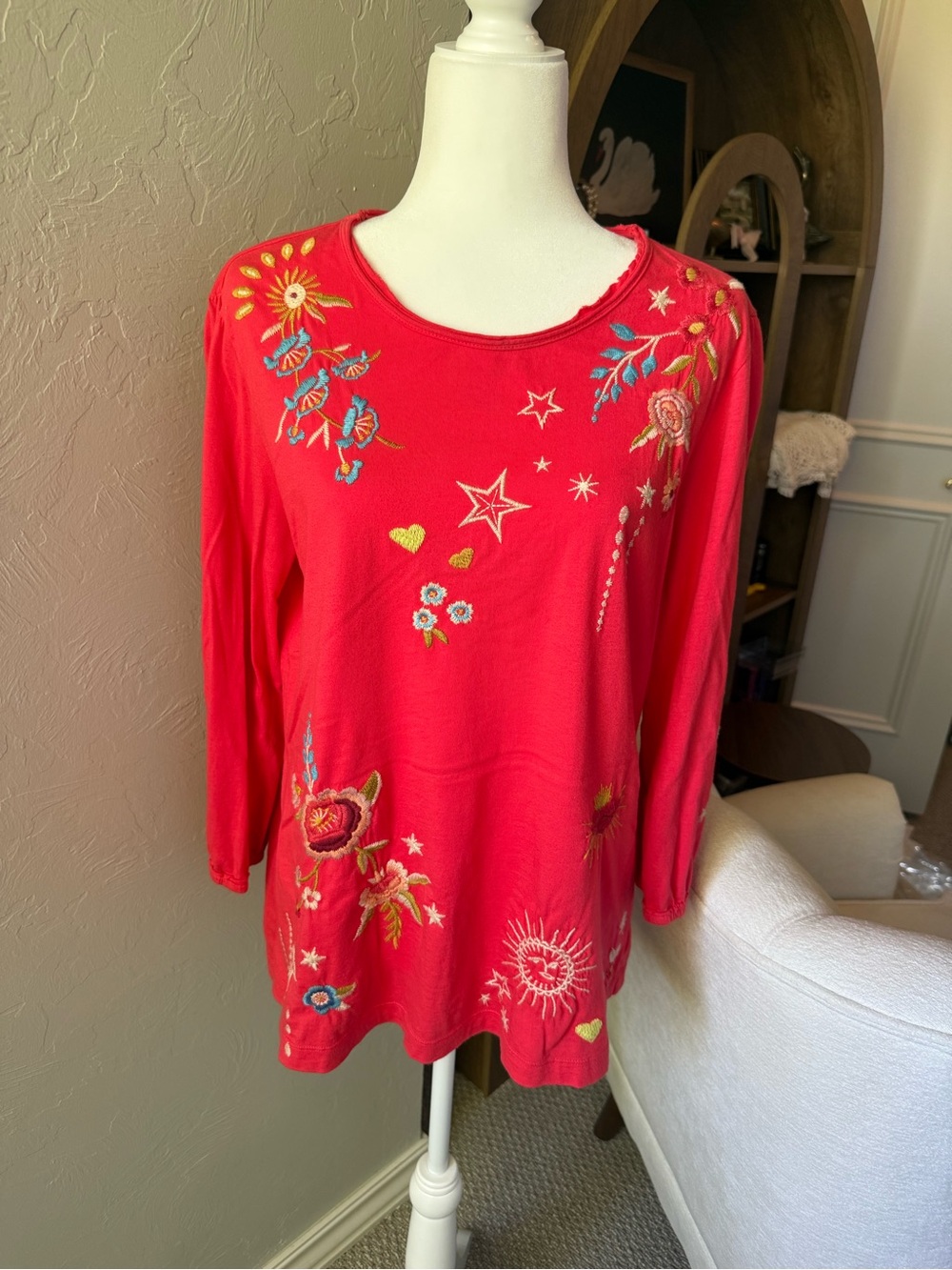 Johnny Was Red Floral Celestial Embroidered 100% Cotton Shirt M